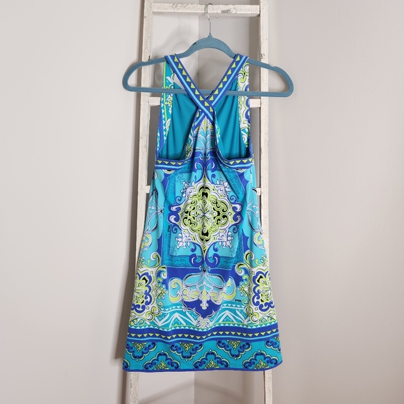HaleBob dress womens size XS printed cross neckline mini dress blue green white - Picture 5 of 5